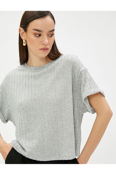 Koton Crop T-Shirt Short Sleeve Knitted Motif
