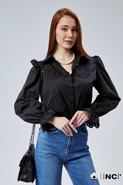 GOOD&DESS Kadın Siyah Gömlek Fisto Detaylı Vintage