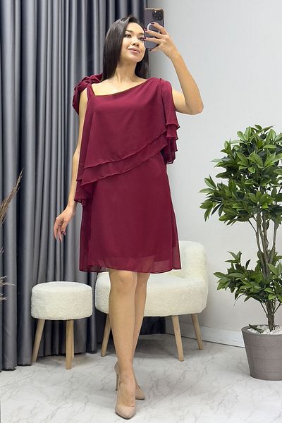 thezkscom Women's One Shoulder Tie Chifon Plus Size Dress Burgundy, Saks, Emerald Green, Black, Navy Blue