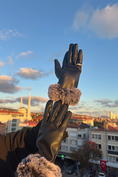 Mollycrush Kadın Kürk Detaylı Siyah Deri Eldiven | Mevsimlik Kumaş