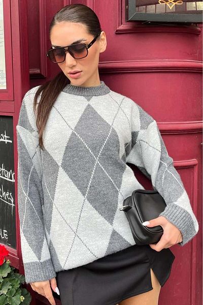 Madmext Anthracite Diamond Pattern Women's Knitwear Sweater Mg2190
