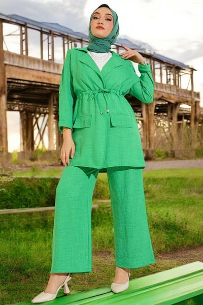 HAKKE Double Linen Suit with Pocket Belt Detail
