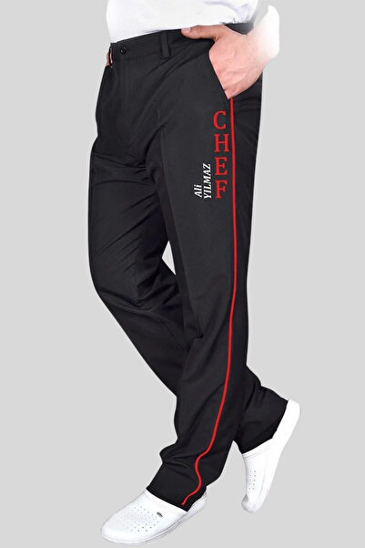 Üniformanya İsim Hediyeli, İsimli Pantolon, Chef Nakışı İşli, Yanları Biyeli Siyah Aşçı Pantolonu