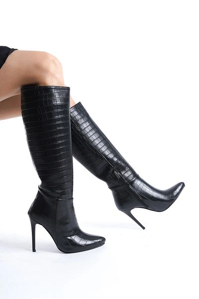 Shoesers Дамски ботуши тип крокодил със специален дизайн, заострени пръсти и половин цип, тънък висок ток