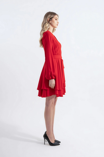 HOX'S Paris | Kuşaklı Mini Kloş Elbise Kruvaze Yaka Uzun Balon Kol Katlı Kloş Etek - Kırmızı