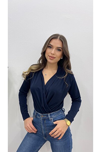 MODA Жіночий темно-синій боді з драпірованими плечима та застібкою на кнопках