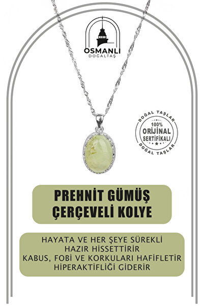 OSMANLI DOĞAL TAŞ Prehnit Doğal Taş Gümüş Çerçeveli Kolye