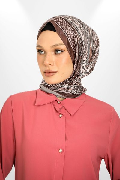 hijabchi Σάλι με ρετρό μεταξωτό σχέδιο - Νέες συλλογές - Σειρά Ottomaria - Καφέ