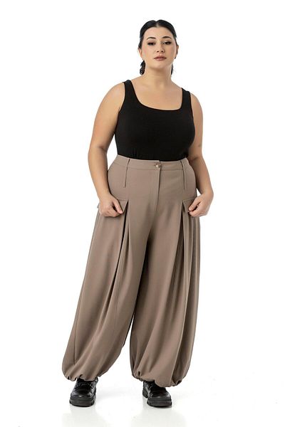 DISENTIS MODEST Large Size Baggy Cutout Mink Trousers with Elastic Waist Back and Leg Deep Pleat Detail