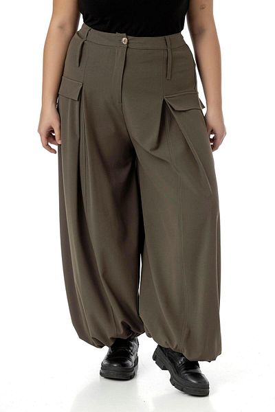 DISENTIS MODEST Plus Size Baggy Trim Khaki Trousers with Elastic Waist Back and Leg Deep Plaque Detail