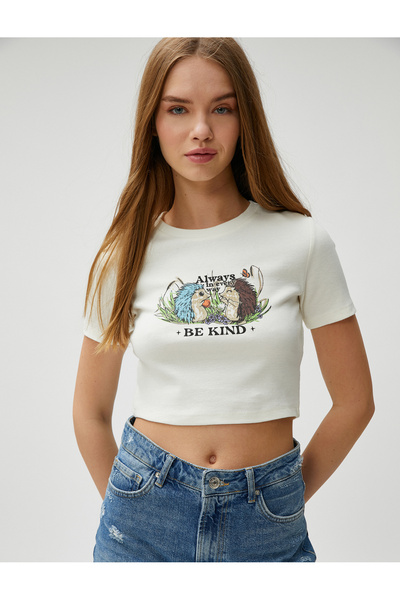 Koton Crop T-Shirt με εμπριμέ ριμπ λαιμόκοψη κοντό μανίκι