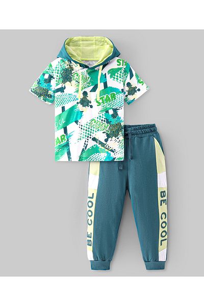 Ollington St. Ollington St. 100% Cotton Knit Half Sleeves Hooded T-Shirt & Joggers Set With Text Print-Multicolor