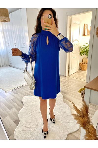 İpeksi Silky Women's Long Sleeve Tulle Detail Sandy Mini Length Dress