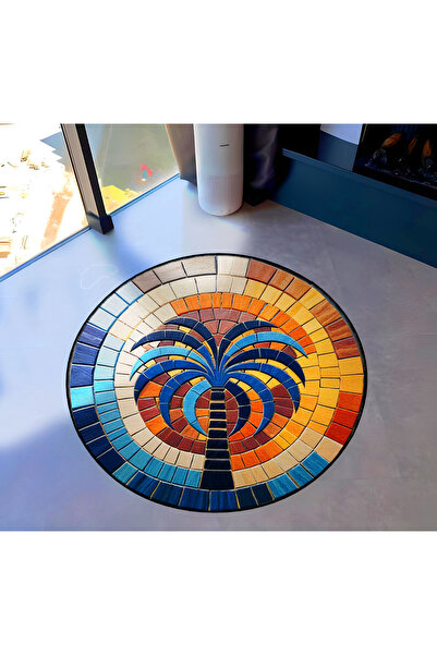 Rugs Modern Halı Rio Koleksiyonu Mozaik Detaylı Palmiye Desenli Yuvarlak Doku...