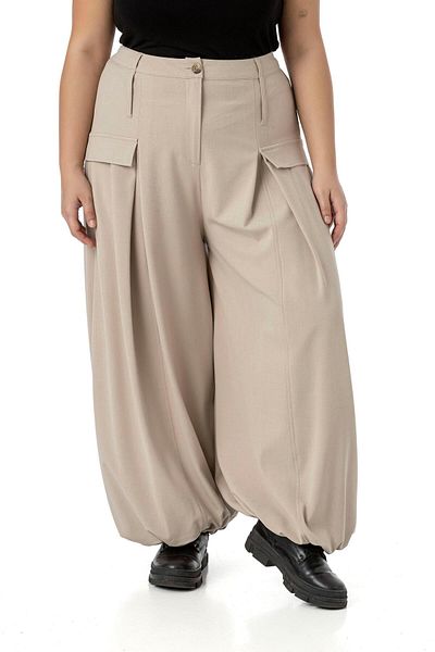 DISENTIS MODEST Beige Large Size Shalwar Cutout - Pants with Elastic Back and Legs, Deep Plaque Detail