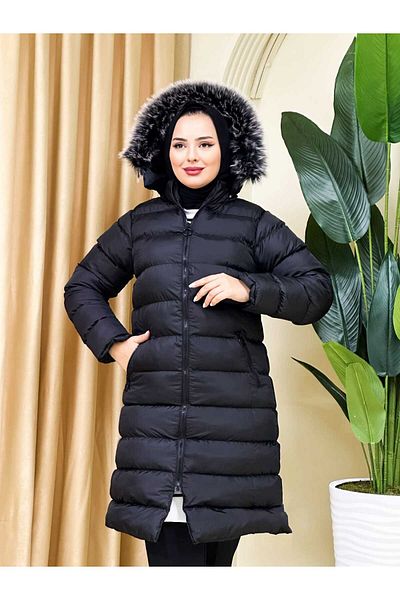 RABENBOUTIQUE Women's Black Long Stand Collar Detachable Hood Padded Puffer Coat