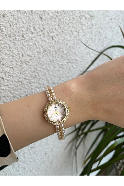 QUARTZ İnci İşlemeli Gold Kadın Saati