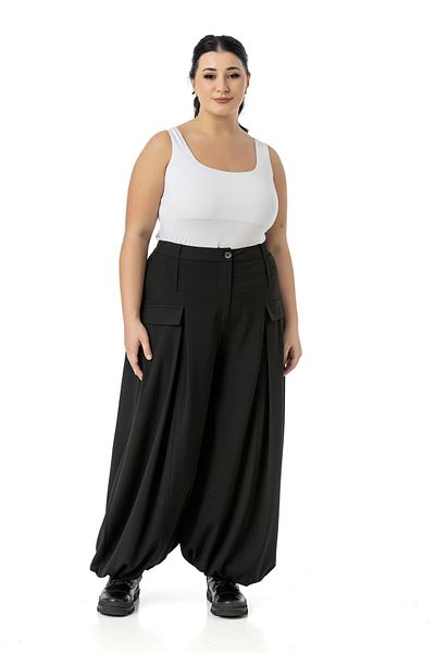 DISENTIS MODEST Plus Size Baggy Cutout Black Trousers with Elastic Waist Back and Leg Deep Pleat Detail