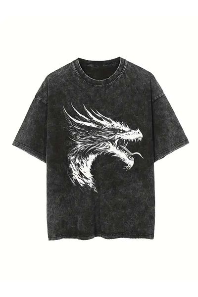 Touz Moda Πλένεται Dragon Printed Unisex Oversize Vintage T-shirt
