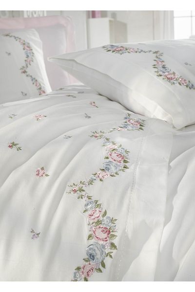 Dantela Lara Embroidered Double Cotton Satin Duvet Cover Set - Cream/Powder