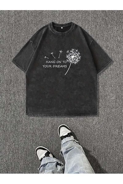 Touz Moda Πλένεται Hang On To Your Dreams Τυπωμένο Unisex Oversize Vintage T-shirt