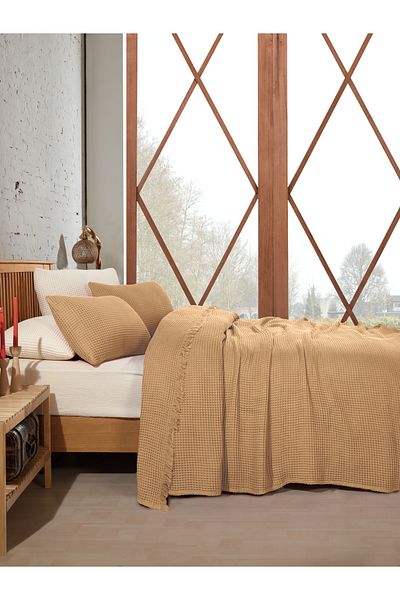 destinyhometex Double 100% Cotton Waffle Bedspread - 230X250Cm/2 Pillowcases 50X70Cm