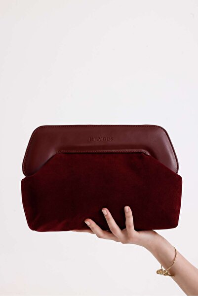 HEYBE'S Heybes Women's Burgundy Leather Detailed Suede Clutch Handbag