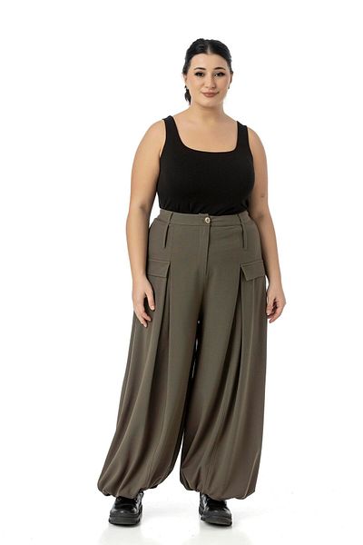DISENTIS MODEST Plus Size Baggy Trim Khaki Trousers with Elastic Waist Back and Leg Deep Plaque Detail