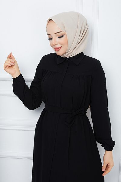 ESRE GİYİM Black Hijab Clothing - Ferace with Roban and Gathered Belt