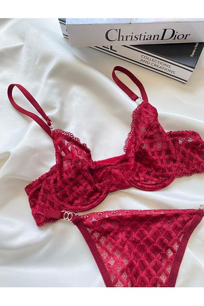 Shylola Red Nude Lace Bralet Suede Kilot Suit Thong