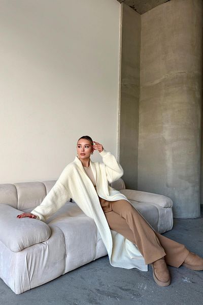 Olcay Dlouhý volný pletený kardigan EKRU 8245