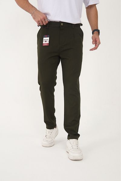 BROCARD Men's Winter Buckle Belt Italian Cut Boyfriend Fit Casual Khaki Fabric Pants