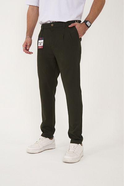 BROCARD Men's Winter Buckle Belt Italian Cut Boyfriend Fit Casual Khaki Fabric Pants