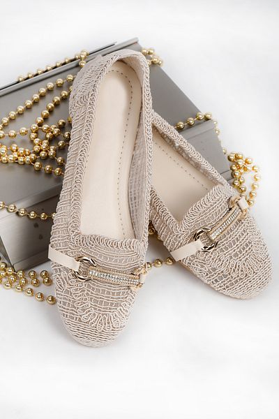 RENKLİBUTİK Stone Detailed Lace Casual Women's Knitted Fabric Comfortable Shoes, Ballerinas