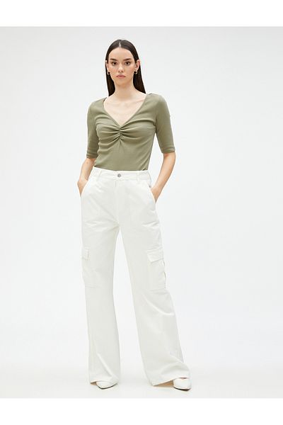 Koton Gather Detailed T-Shirt V-Neck Short Sleeve