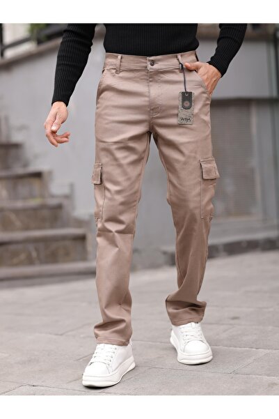 WKM Men's Baggy Fit Casual Jeans Non-Denim Cargo Pocket Trousers
