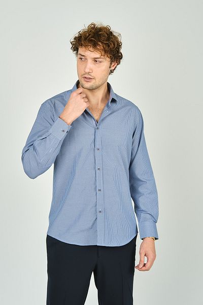 De Leone Μπλε ανδρικό πουκάμισο - Slim Fit, καρό σχέδιο, μακρύ μανίκι, 100% βαμβάκι 2062