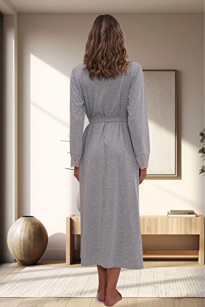 Lohussa Women's Gray Design's Lace Pocket Belted Cotton Large Size (Oversize) Dressing Gown
