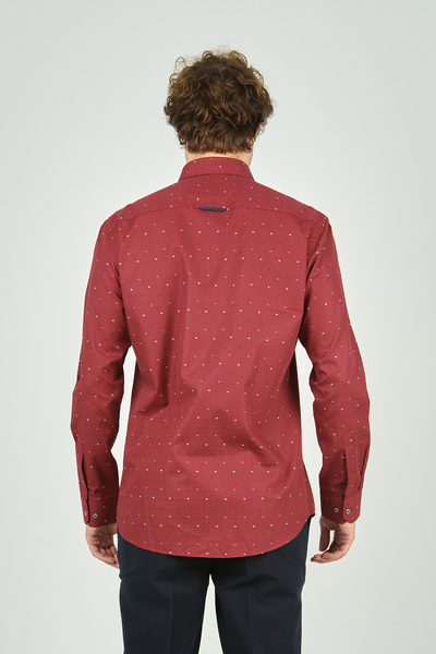 De Leone Men's Slim Fit Print Long Sleeve 100% Cotton Shirt 2045 Red