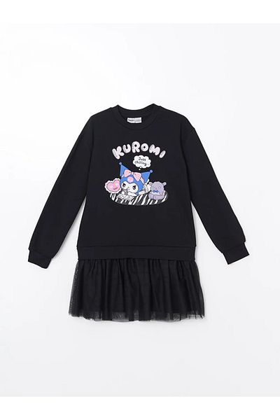 LC Waikiki LCW Kids Black Crew Neck Kuromi εμπριμέ φόρεμα για κορίτσια