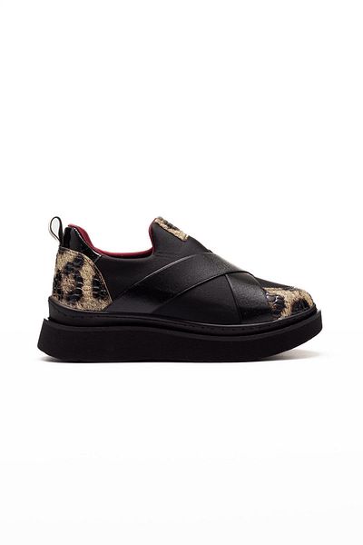 layki Nesica Black Color Leopard Leather Pattern Elastic Parachute Fabric Walking Shoes