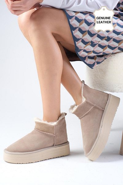 Mio Gusto Bronte Genuine Suede Beige Women's Platform Sole Boots