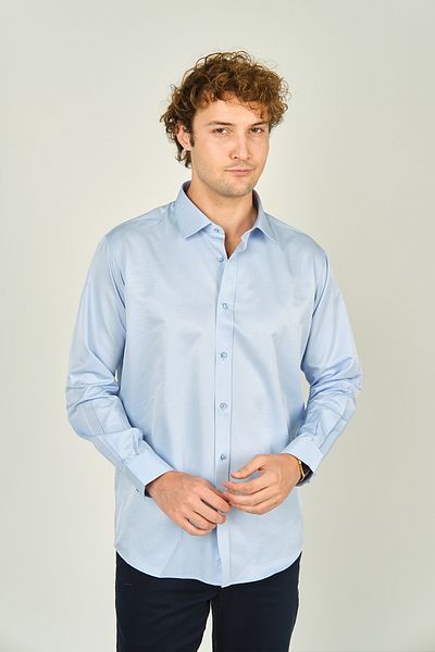 figs Мъжка риза с дълъг ръкав Slim Fit от памучен лъскав плат, светлосиня, 0013