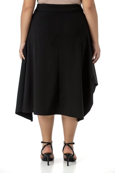 DISENTIS MODEST Plus Size Asymmetrical Cut Eyelets Detail Single Pocket Midi Black Skirt