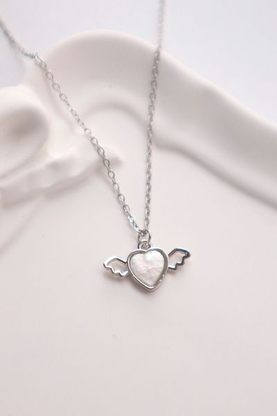 EFBUTİK White Heart Angel Imported Necklace with Silver Color Chain