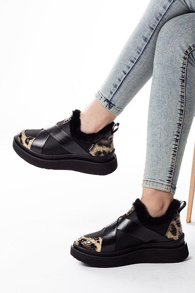 layki Nesica Black Color Furry Leopard Leather Pattern Elastic Parachute Fabric Walking Shoes