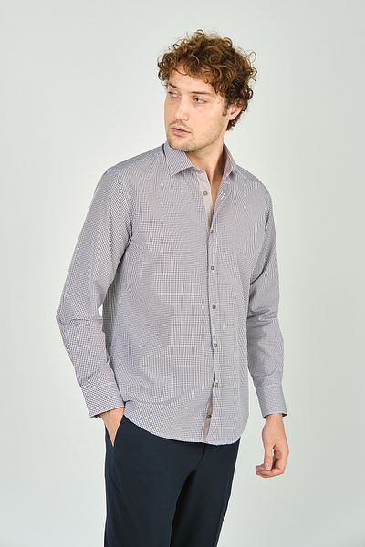 De Leone Мъжка риза с дълъг ръкав Slim Fit на каре, 100% памук, 2060, кафява