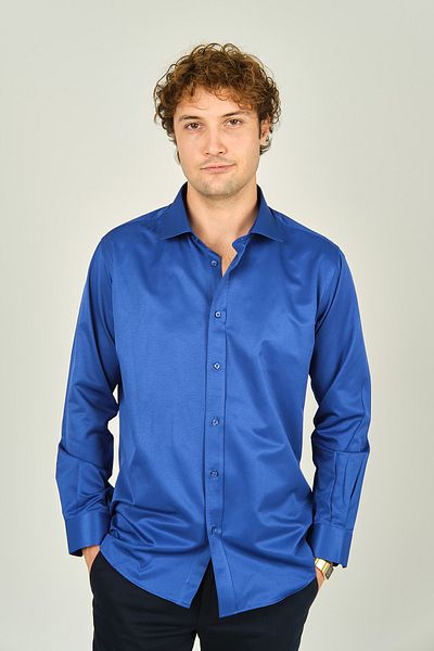 figs Мъжка тъмносиня риза Slim Fit от лъскав памук - дълъг ръкав 0013