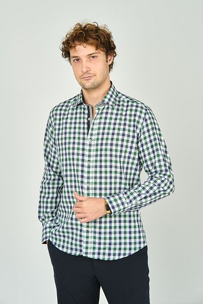 De Leone Ανδρικό πουκάμισο Slim Fit καρό μακρυμάνικο 100% βαμβάκι 2240 πράσινο