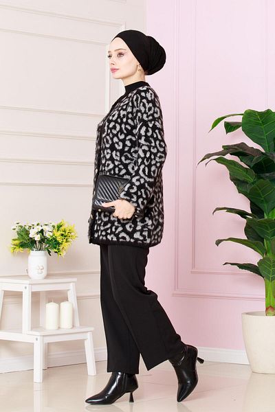 Sevitli Cardigan lung gri cu imprimeu leopard